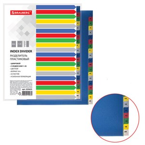 Разделитель пластиковый широкий BRAUBERG А4+, 20 листов, цифровой 1-20, оглавление, цветной, 225623 - фото 2615332