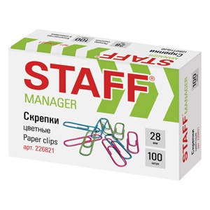 Скрепки STAFF "Manager", 28 мм, цветные, 100 шт., в картонной коробке, 226821 - фото 2616398