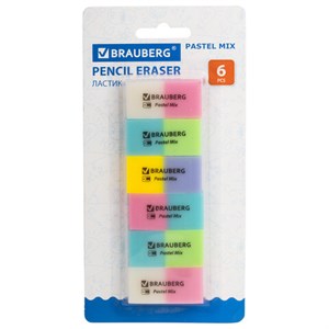 Набор ластиков BRAUBERG "Pastel Mix", 6 шт., цвета ассорти, 44х21х10 мм, экологичный ПВХ, 229597 - фото 2625304