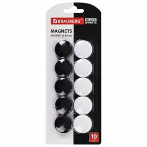 Магниты BRAUBERG "BLACK&WHITE" УСИЛЕННЫЕ 30 мм, НАБОР 10 шт., черные/белые, 237468 - фото 2633122