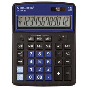 Калькулятор настольный BRAUBERG EXTRA-12-BKBU (206x155 мм), 12 разрядов, двойное питание, ЧЕРНО-СИНИЙ, 250472 - фото 2638948