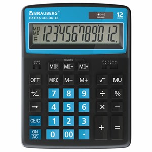 Калькулятор настольный BRAUBERG EXTRA COLOR-12-BKBU (206x155 мм), 12 разрядов, двойное питание, ЧЕРНО-ГОЛУБОЙ, 250476 - фото 2638987