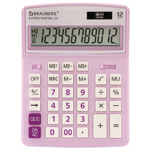 Калькулятор настольный BRAUBERG EXTRA PASTEL-12-PR (206x155 мм), 12 разрядов, двойное питание, СИРЕНЕВЫЙ, 250489 - фото 2639192