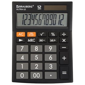 Калькулятор настольный BRAUBERG ULTRA-12-BK (192x143 мм), 12 разрядов, двойное питание, ЧЕРНЫЙ, 250491 - фото 2639228