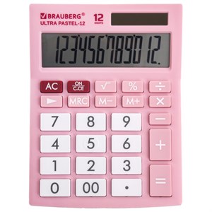 Калькулятор настольный BRAUBERG ULTRA PASTEL-12-PK (192x143 мм), 12 разрядов, двойное питание, РОЗОВЫЙ, 250503 - фото 2639317