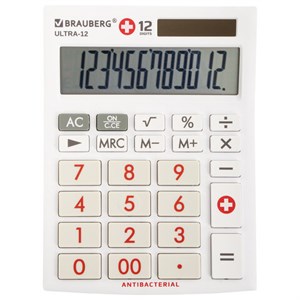 Калькулятор настольный BRAUBERG ULTRA-12-WAB (192x143 мм), 12 разрядов, двойное питание, антибактериальное покрытие, БЕЛЫЙ, 250506 - фото 2639336