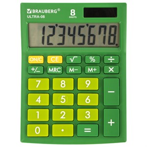 Калькулятор настольный BRAUBERG ULTRA-08-GN, КОМПАКТНЫЙ (154x115 мм), 8 разрядов, двойное питание, ЗЕЛЕНЫЙ, 250509 - фото 2639362