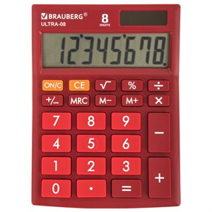 Калькулятор настольный BRAUBERG ULTRA-08-WR, КОМПАКТНЫЙ (154x115 мм), 8 разрядов, двойное питание, БОРДОВЫЙ, 250510 - фото 2639396