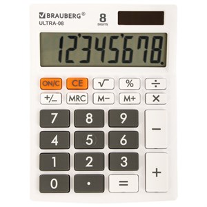 Калькулятор настольный BRAUBERG ULTRA-08-WT, КОМПАКТНЫЙ (154x115 мм), 8 разрядов, двойное питание, БЕЛЫЙ, 250512 - фото 2639424