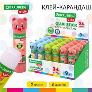 Клей-карандаш "Зверята: кошка, мышка, хрюшка", 9 г, фигурный колпачок, BRAUBERG KIDS, 271138 - фото 2644856