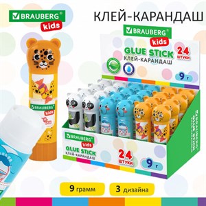 Клей-карандаш "Зверята: панда, слон, леопард", 9 г, фигурный колпачок, BRAUBERG KIDS, 271139 - фото 2644866