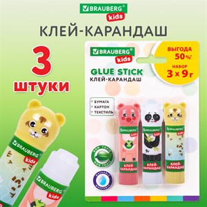 Клей-карандаш "Зверята: кошка, мышка, хрюшка", 9 г, фигурный колпачок, 3 шт./блистер, BRAUBERG KIDS, 271141 - фото 2644877