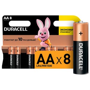 Батарейки КОМПЛЕКТ 8 шт., DURACELL Basic ОРИГИНАЛ, AA (LR6, 15А), алкалиновые, пальчиковые, C0033441 - фото 2667388