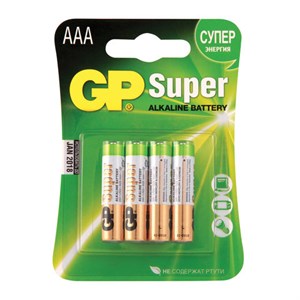 Батарейки КОМПЛЕКТ 4 шт., GP Super, AAA (LR03, 24А), алкалиновые, мизинчиковые, блистер, 24A-2CR4 - фото 2667410