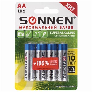 Батарейки КОМПЛЕКТ 4 шт., SONNEN Super Alkaline, АА (LR6,15А), алкалиновые, пальчиковые, блистер, 451094 - фото 2667698