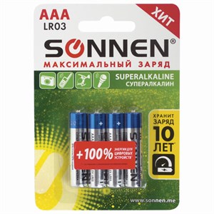 Батарейки КОМПЛЕКТ 4 шт., SONNEN Super Alkaline, AAA (LR03, 24А), алкалиновые, мизинчиковые, в блистере, 451096 - фото 2667705