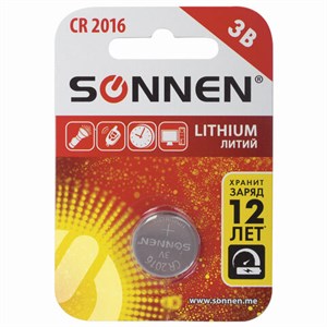 Батарейка SONNEN Lithium, CR2016, литиевая, 1 шт., в блистере, 451972 - фото 2669603