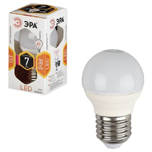 Лампа светодиодная ЭРА, 7 (60) Вт, цоколь E27, шар, теплый белый свет, 30000 ч., LED smdP45-7w-827-E27 - фото 2669644