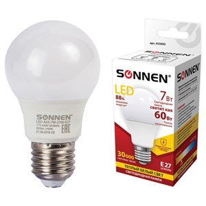 Лампа светодиодная SONNEN, 7 (60) Вт, цоколь E27, груша, теплый белый свет, 30000 ч, LED A55-7W-2700-E27, 453693 - фото 2669782