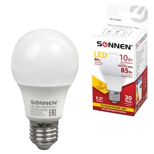 Лампа светодиодная SONNEN, 10 (85) Вт, цоколь Е27, груша, теплый белый свет, 30000 ч, LED A60-10W-2700-E27, 453695 - фото 2669784