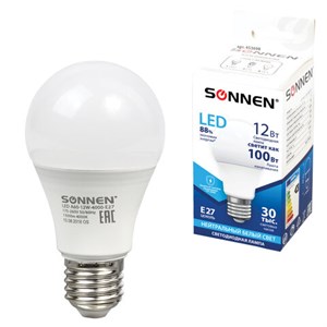 Лампа светодиодная SONNEN, 12 (100) Вт, цоколь Е27, груша, нейтральный белый свет, 30000 ч, LED A60-12W-4000-E27, 453698 - фото 2669789