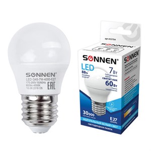Лампа светодиодная SONNEN, 7 (60) Вт, цоколь E27, шар, нейтральный белый свет, 30000 ч, LED G45-7W-4000-E27, 453704 - фото 2669793