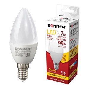 Лампа светодиодная SONNEN, 7 (60) Вт, цоколь Е14, свеча, теплый белый свет, 30000 ч, LED C37-7W-2700-E14, 453711 - фото 2669795