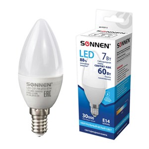 Лампа светодиодная SONNEN, 7 (60) Вт, цоколь Е14, свеча, нейтральный белый свет, 30000 ч, LED C37-7W-4000-E14, 453712 - фото 2669796