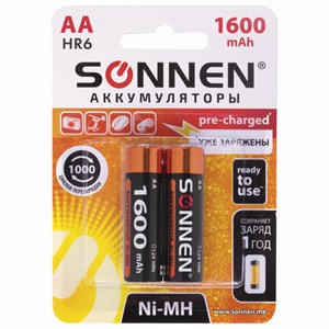 Батарейки аккумуляторные Ni-Mh пальчиковые КОМПЛЕКТ 2 шт., АА (HR6) 1600 mAh, SONNEN, 454233 - фото 2669870