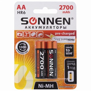 Батарейки аккумуляторные Ni-Mh пальчиковые КОМПЛЕКТ 2 шт., АА (HR6) 2700 mAh, SONNEN, 454235 - фото 2669872