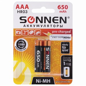 Батарейки аккумуляторные Ni-Mh мизинчиковые КОМПЛЕКТ 2 шт., AAA (HR03) 650 mAh, SONNEN, 454236 - фото 2669873