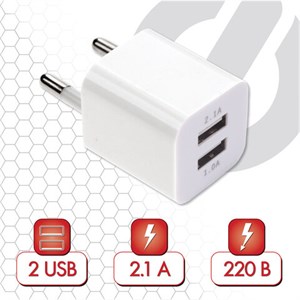 Зарядное устройство сетевое (220В) SONNEN, 2 порта USB, выходной ток 2,1 А, белое, 454797 - фото 2669979
