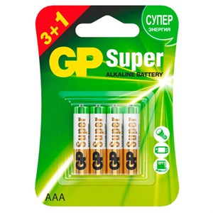 Батарейки КОМПЛЕКТ 4 шт., GP Super, AAA (LR03,24А), алкалиновые, мизинчиковые, ПРОМО 3+1, 24A3/1-2CR4 - фото 2671626