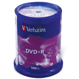 Диски DVD+R (плюс) VERBATIM 4,7 Gb 16x Cake Box (упаковка на шпиле), КОМПЛЕКТ 100 шт., 43551 - фото 2673804