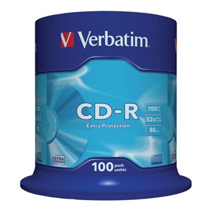 Диски CD-R VERBATIM 700 Mb 52х Cake Box (упаковка на шпиле), КОМПЛЕКТ 100 шт., 43411 - фото 2674407