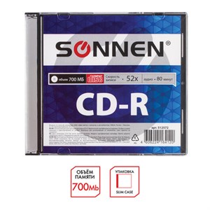 Диск CD-R SONNEN, 700 Mb, 52x, Slim Case (1 штука), 512572 - фото 2674894