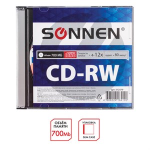 Диск CD-RW SONNEN, 700 Mb, 4-12x, Slim Case (1 штука), 512579 - фото 2674930