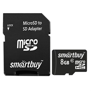 Карта памяти micro SDHC, 8 GB, SMARTBUY, 10 Мб/сек. (class 10), с адаптером, SB8GBSDCL10-01 - фото 2675385