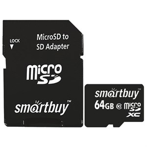 Карта памяти micro SDXC, 64 GB, SMARTBUY, 10 Мб/сек. (class 10), с адаптером, SB64GBSDCL10-01 - фото 2675391