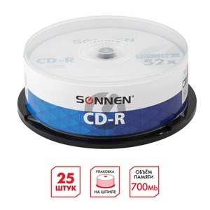 Диски CD-R SONNEN, 700 Mb, 52x, Cake Box (упаковка на шпиле) КОМПЛЕКТ 25 шт., 513531 - фото 2676183