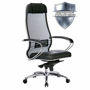 Кресло офисное МЕТТА "SAMURAI" SL-1.04, сверхпрочная ткань-сетка/экокожа, черное - фото 2678856