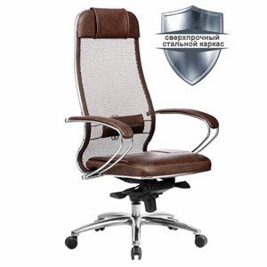 Кресло офисное МЕТТА "SAMURAI" SL-1.04, сверхпрочная ткань-сетка/экокожа, темно-коричневое - фото 2678873