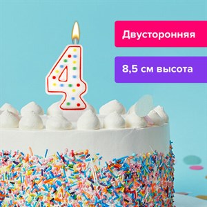 Свеча-цифра для торта "4" ДВУСТОРОННЯЯ с конфетти, 8,5 см, ЗОЛОТАЯ СКАЗКА, держатель, блистер, 591397 - фото 2686956