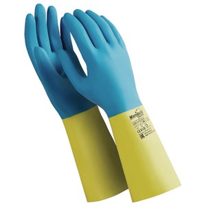 Перчатки латексно-неопреновые MANIPULA "Союз", хлопчатобумажное напыление, размер 8-8,5 (M), синие/желтые, LN-F-05 - фото 2696214