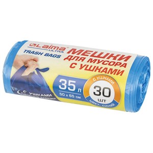 Мешки для мусора с ушками LAIMA "ULTRA" 35 л синие, в рулоне 30 шт. прочные, ПНД 11 мкм, 50х65 см, 607684 - фото 2700897