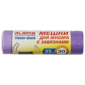 Мешки для мусора с завязками LAIMA "ULTRA" 35 л, фиолетовые, в рулоне 20 шт., прочные, ПНД 13 мкм, 50х60 см, 607685 - фото 2700903
