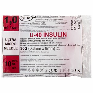 Шприц инсулиновый SFM, 1 мл, КОМПЛЕКТ 10 шт., в пакете, U-40 игла несъемная 0,3х8 мм - 30G, 534254 - фото 2709021