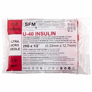 Шприц инсулиновый SFM, 1 мл, КОМПЛЕКТ 10 шт., в пакете, U-40 игла несъемная 0,33х12,7 мм - 29G, 534251 - фото 2709022