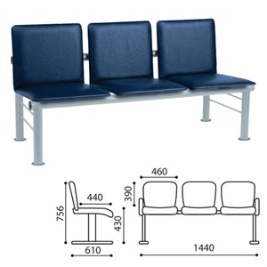Кресло для посетителей трехсекционное "Терра", серебристый каркас, кожзам синий - фото 2721246