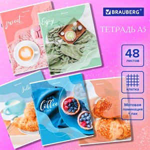 Тетрадь А5, 48 л., BRAUBERG, скоба, клетка, матовая ламинация, выборочный лак, "Sweets" (микс в спайке), 404373 - фото 2723367